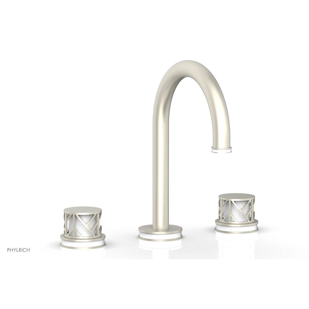 Phylrich Polished Brass Uncoated (Living Finish) Jolie Widespread Lavatory Faucet With Gooseneck Spout, Round Cutaway Handles, And Gloss White Accents - 1.2GPM